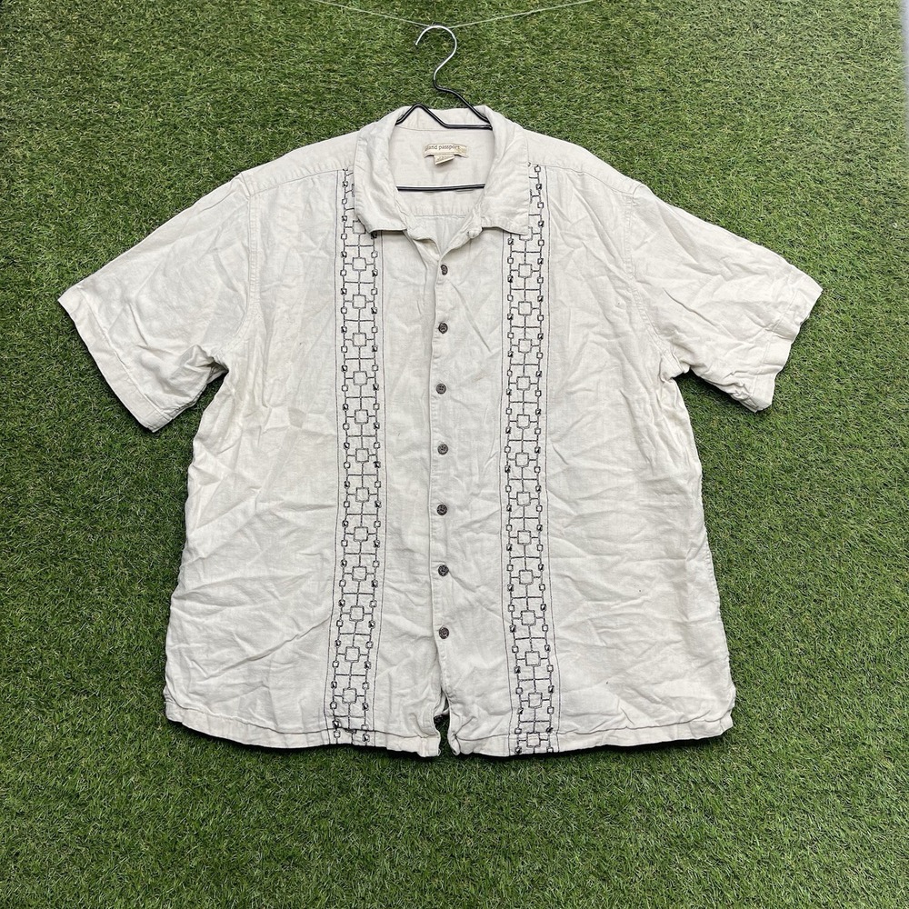 Island Passport Linen Shirt Mens 2XLT Button Viscose Blend Short Sleeve Beige